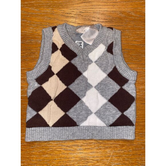 Infant Argyle Sweater Vest V-Neck Sleeveless Gray Brown Beige Cotton Blend - Picture 1 of 2